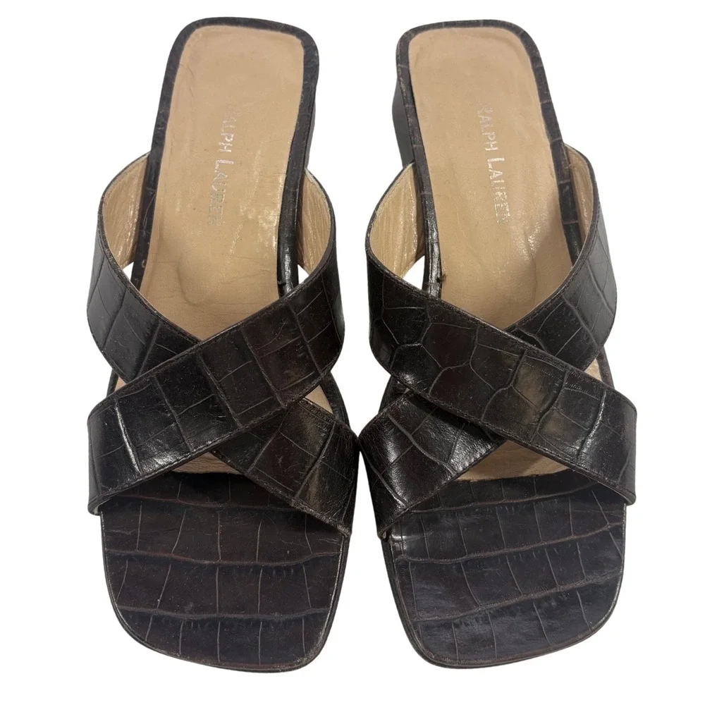 VTG Y2K Ralph Lauren Slide Sandals Women 6.5B Brown Croc Embossed Mule Old Money